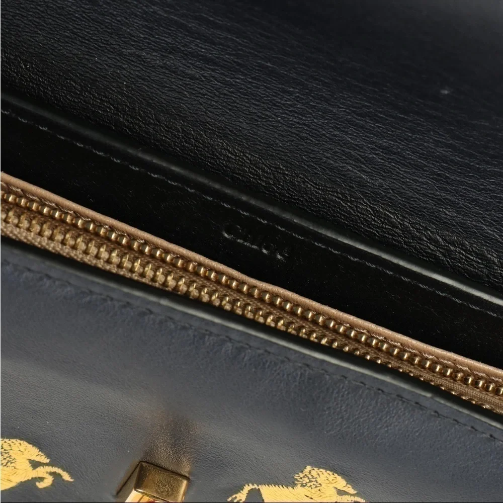 Chloé Drew Horse Embroidered Leather Continental Wallet Navy